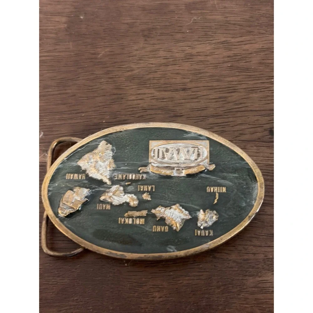 Vintage‎ 1984 Arroyo Grande Buckle Co Hawaii Islands Map Brass Belt Buckle Green